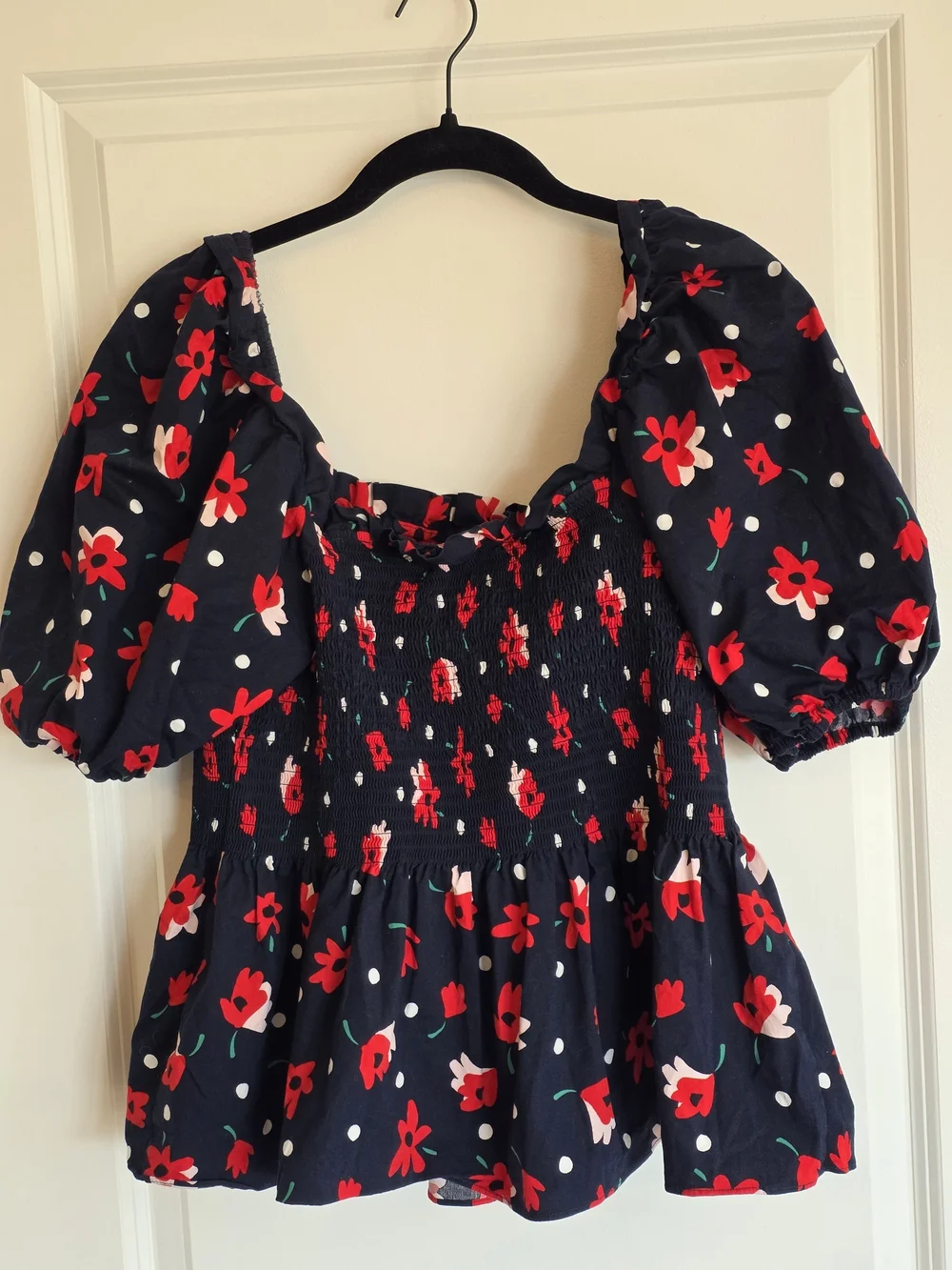 kate spade Navy Red Floral Puff-Sleeve Smocked Peplum Top